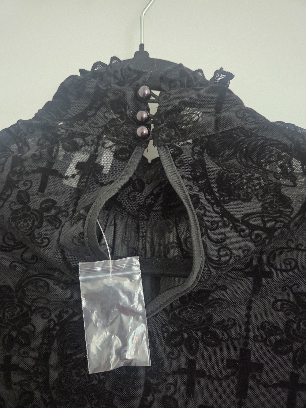 Unique Vintage Black Flocked Lace High Neck Blouse - Picture 3 of 6